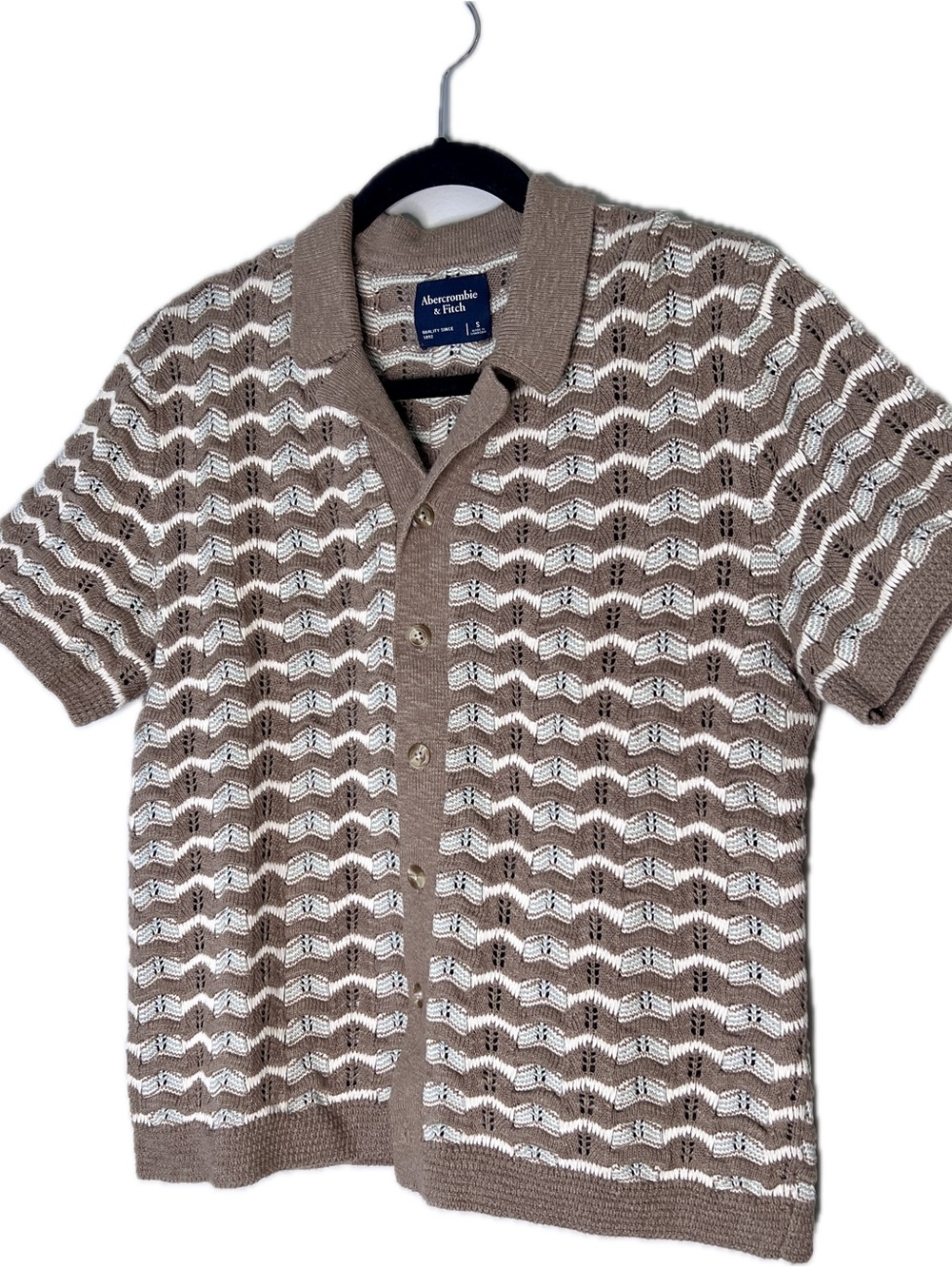 Abercrombie & Fitch Tan and White Short-Sleeve Knit Cardigan Polo